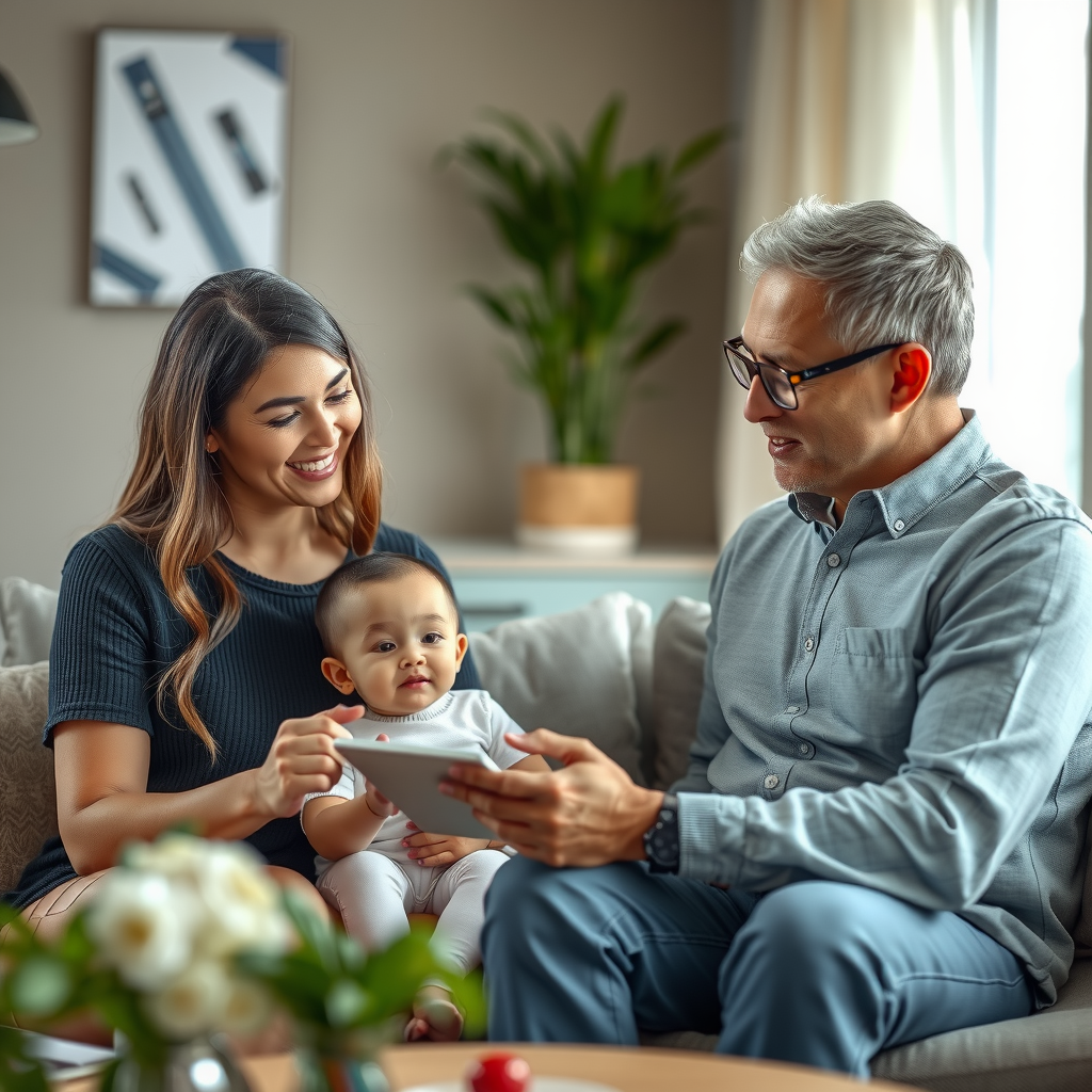 ai-generated image of a happy family engaging with a smart AI assistant, receiving helpful insights
