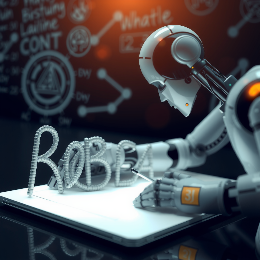 ai-generated image of an AI robot writing on a digital notepad, with words forming dynamically