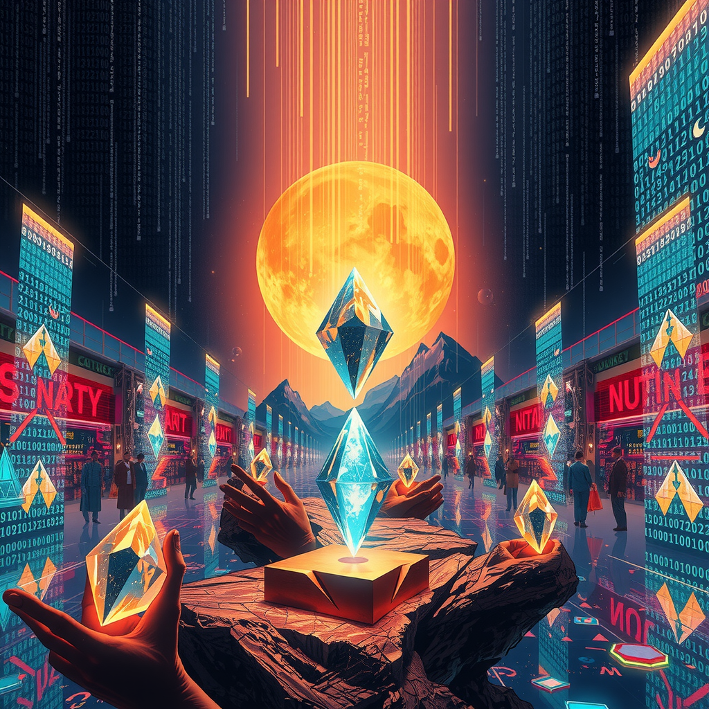 Create an image inspired by the concept of Non-Fungible Tokens or NFTs. The artwork could be a stunning landscape or complex abstract design, surrounded by the ethereal glow of blockchain code strings, hinting at the underpinning technology of NFTs. In the background, portray a digital marketplace, filled with other similar prisms, making a scene that feels futuristic and exploring the excitement and intrigue surrounding the digitized art market.