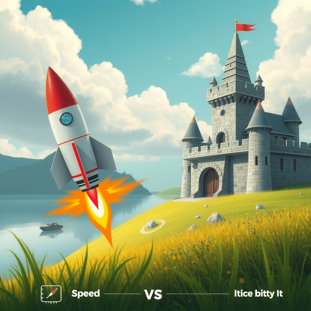 A race between a rocket (speed) and a fortified castle (stability).