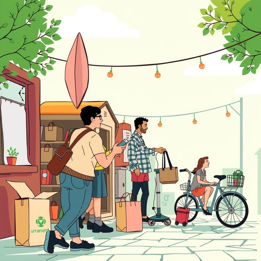 Erstelle ein bild das die shared economy illustriert. Der Begriff der Sharing Economy meint das systematische Ausleihen von Gegenständen und gegenseitige Bereitstellen von Räumen und Flächen, insbesondere durch Privatpersonen und Interessengruppen. Im Mittelpunkt steht die Collaborative Consumption, der Gemeinschaftskonsum.