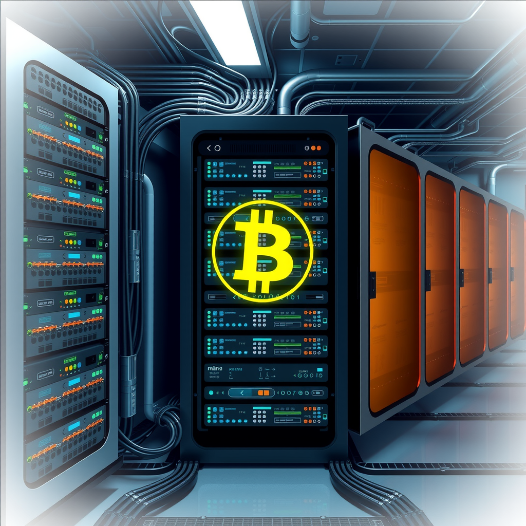 Create an image showing a data center mining crypto