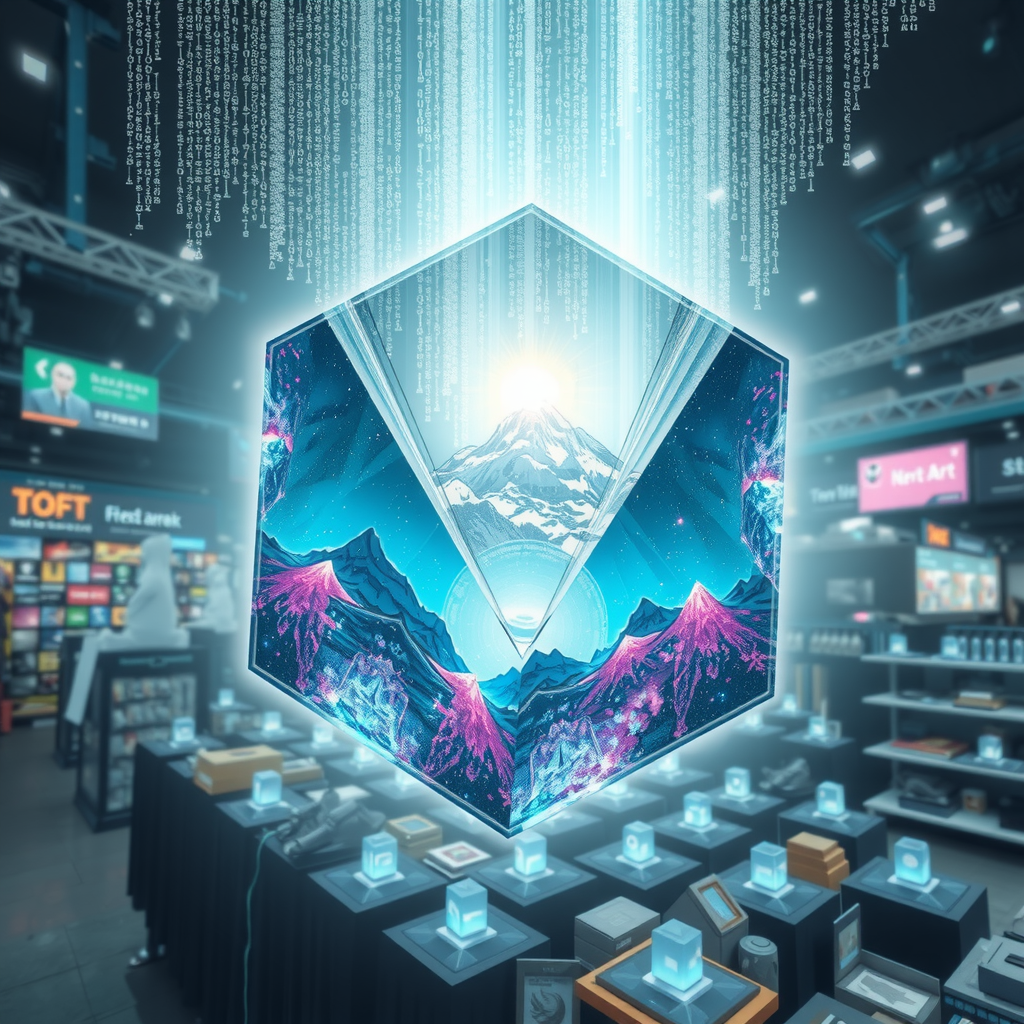Create an image inspired by the concept of Non-Fungible Tokens or NFTs. The artwork could be a stunning landscape or complex abstract design, surrounded by the ethereal glow of blockchain code strings, hinting at the underpinning technology of NFTs. In the background, portray a digital marketplace, filled with other similar prisms, making a scene that feels futuristic and exploring the excitement and intrigue surrounding the digitized art market.