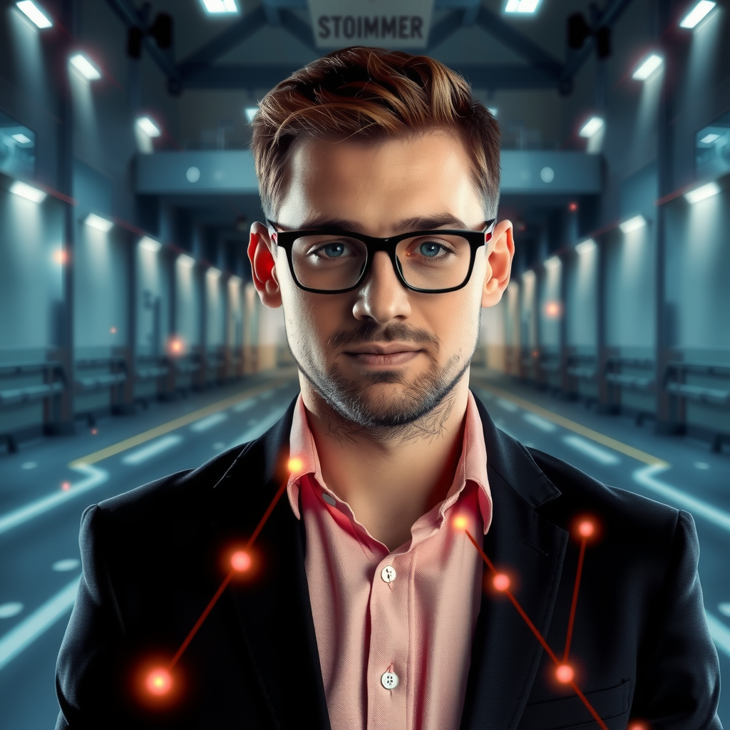ai-generated image of a business professional facing crossroads, with tech-inspired solutions visualized around them