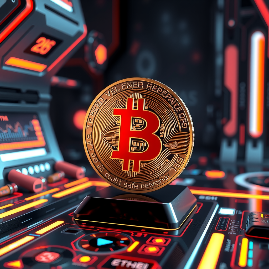 Generate a image showing a bitcoin (BTC) in a futuristic background