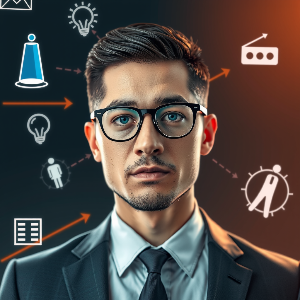 ai-generated image of a business professional facing crossroads, with tech-inspired solutions visualized around them