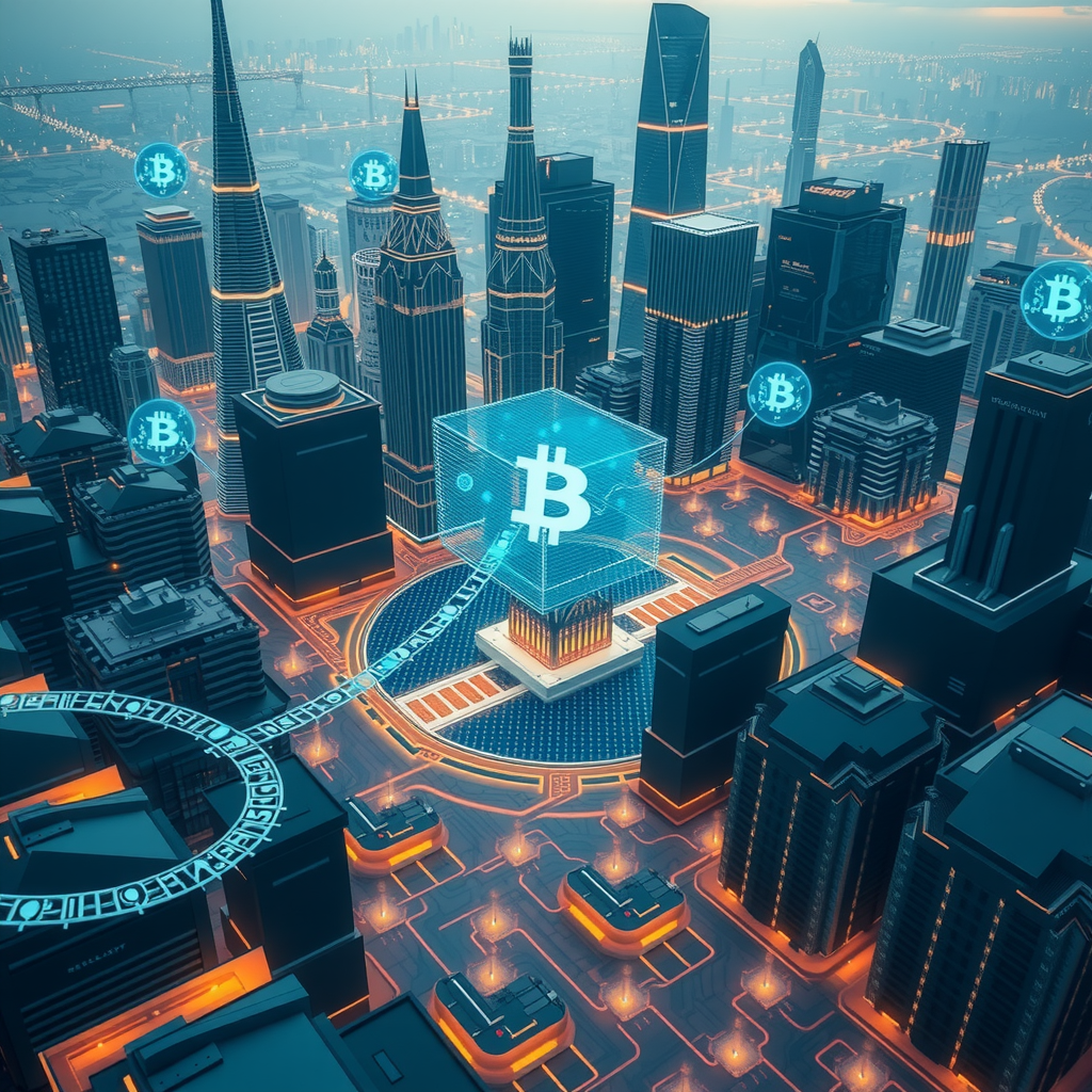 A futuristic city powered by decentralized blockchain nodes, showing a transparent system.