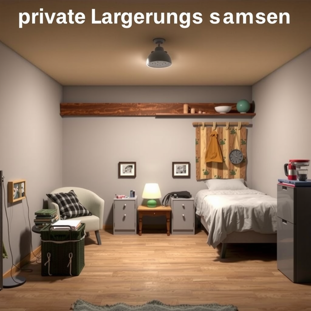Erstelle ein Bild das zeigt wie private Lagerungsräume aussehen könnten wie z.B. ein Keller, ein Raum in einer Wohnung oder Einfamilienhaus. Es könnte auch eine Garage sein oder ein andere Ort indem man gut Sachen lagern kann.