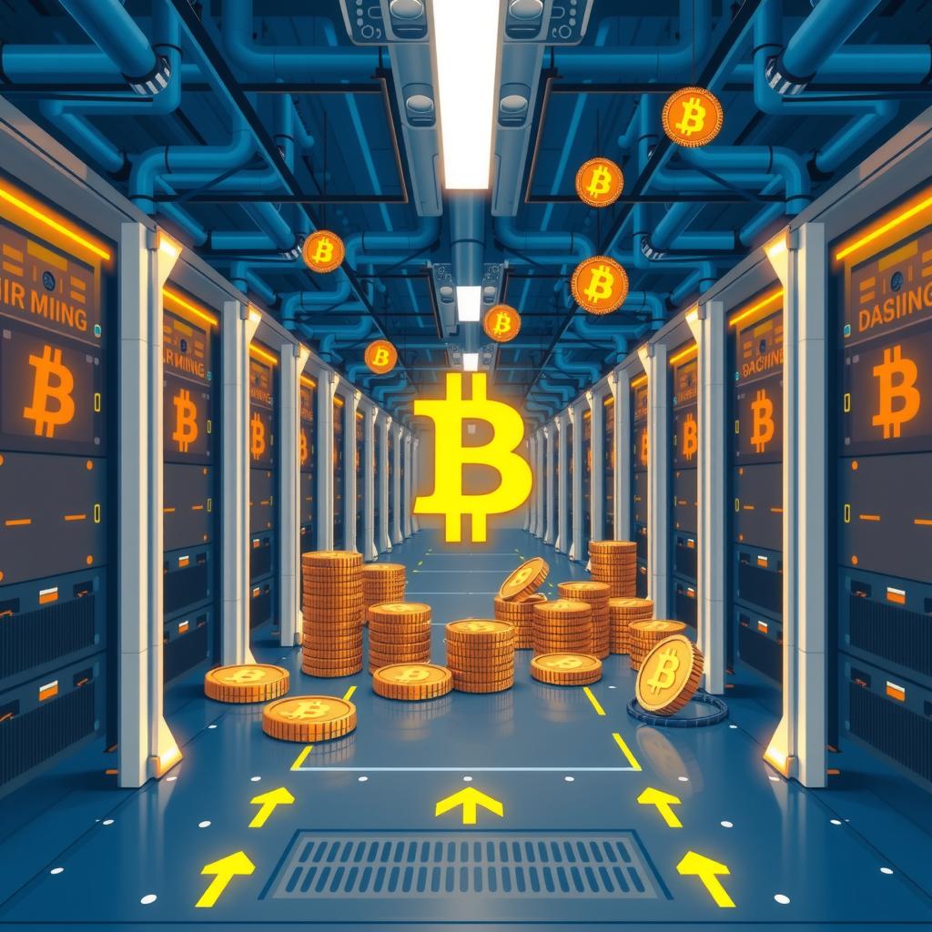 Create a image showing a crypto mining data center which is producing bitcoins or other crypto currencies