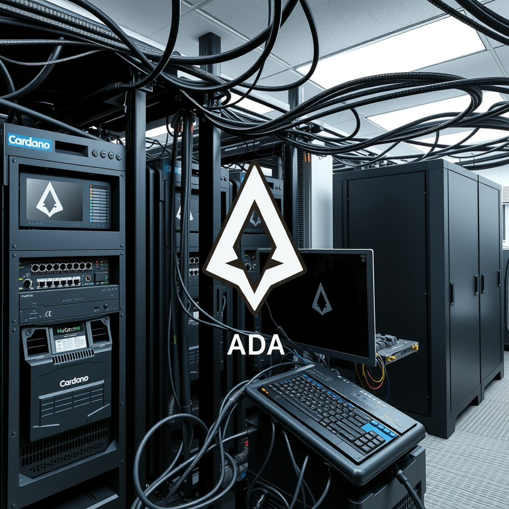A technical environment with computers, servers, routers and cables mining crypto currencies like cardano ADA.