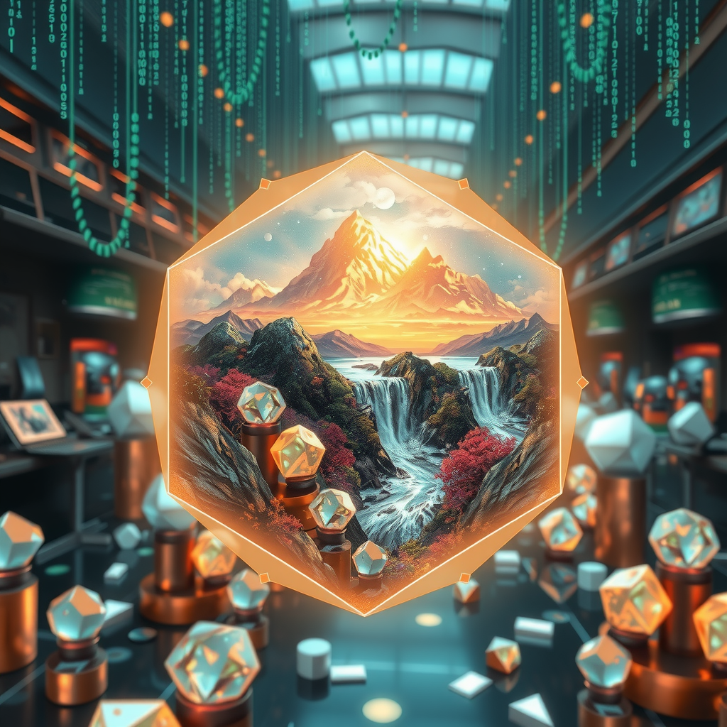 Create an image inspired by the concept of Non-Fungible Tokens or NFTs. The artwork could be a stunning landscape or complex abstract design, surrounded by the ethereal glow of blockchain code strings, hinting at the underpinning technology of NFTs. In the background, portray a digital marketplace, filled with other similar prisms, making a scene that feels futuristic and exploring the excitement and intrigue surrounding the digitized art market.