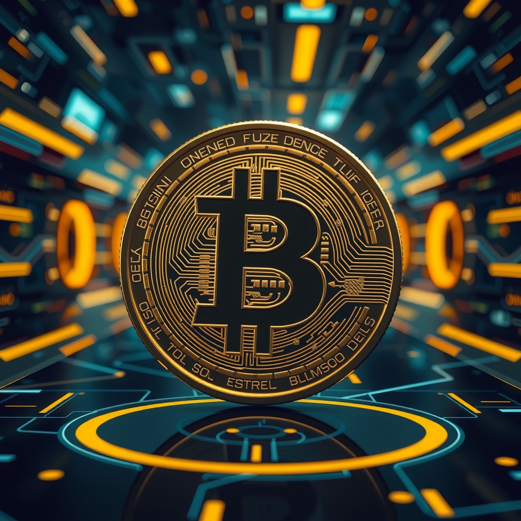 Generate a image showing a bitcoin (BTC) in a futuristic background