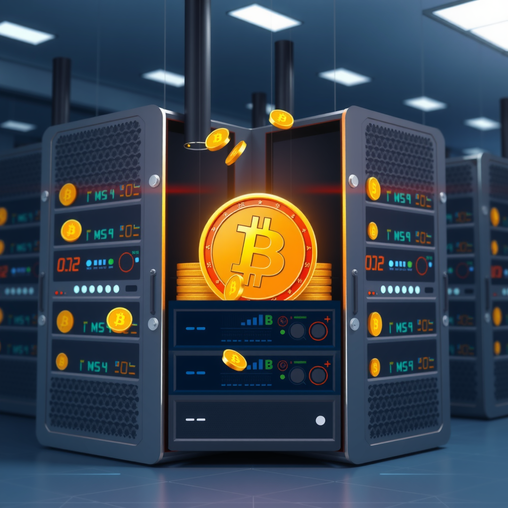 Create a image showing a crypto mining data center which is producing bitcoins or other crypto currencies