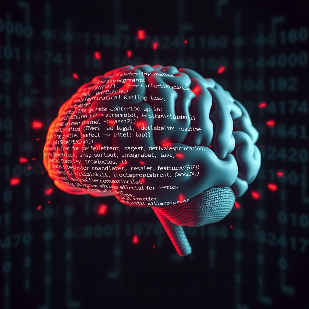 ai-generated image of a digital brain made of code and data, symbolizing complex algorithmic thinking