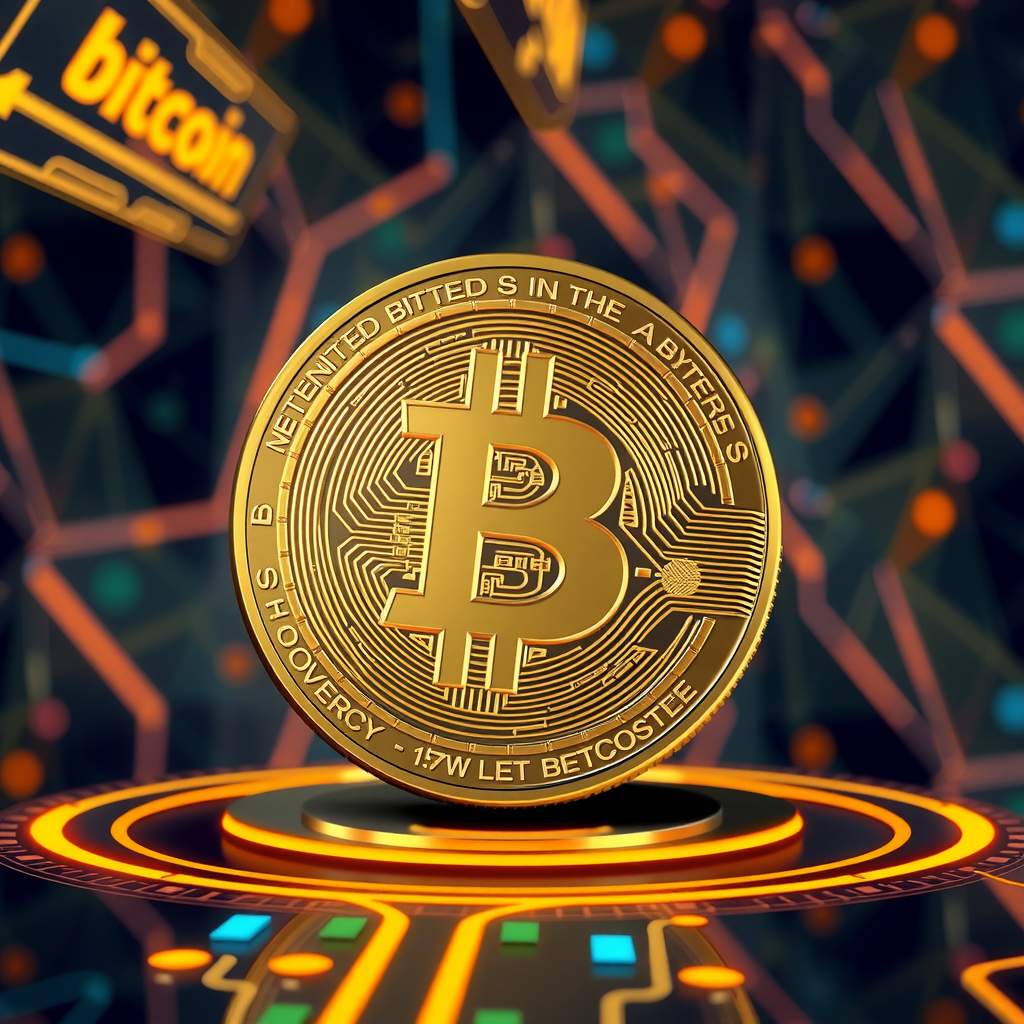 Generate a image showing a bitcoin (BTC) in a futuristic background