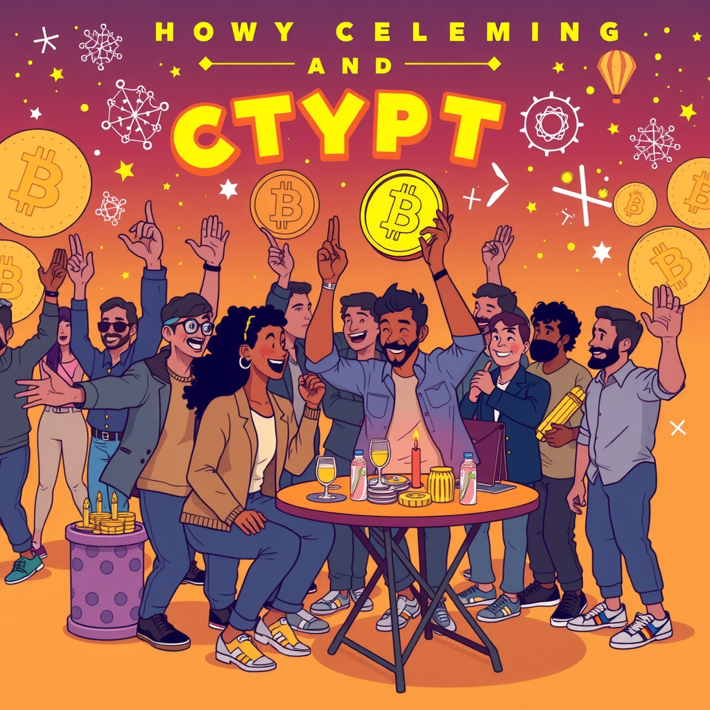 Create a image showing a crypto community and how they are celebrating.