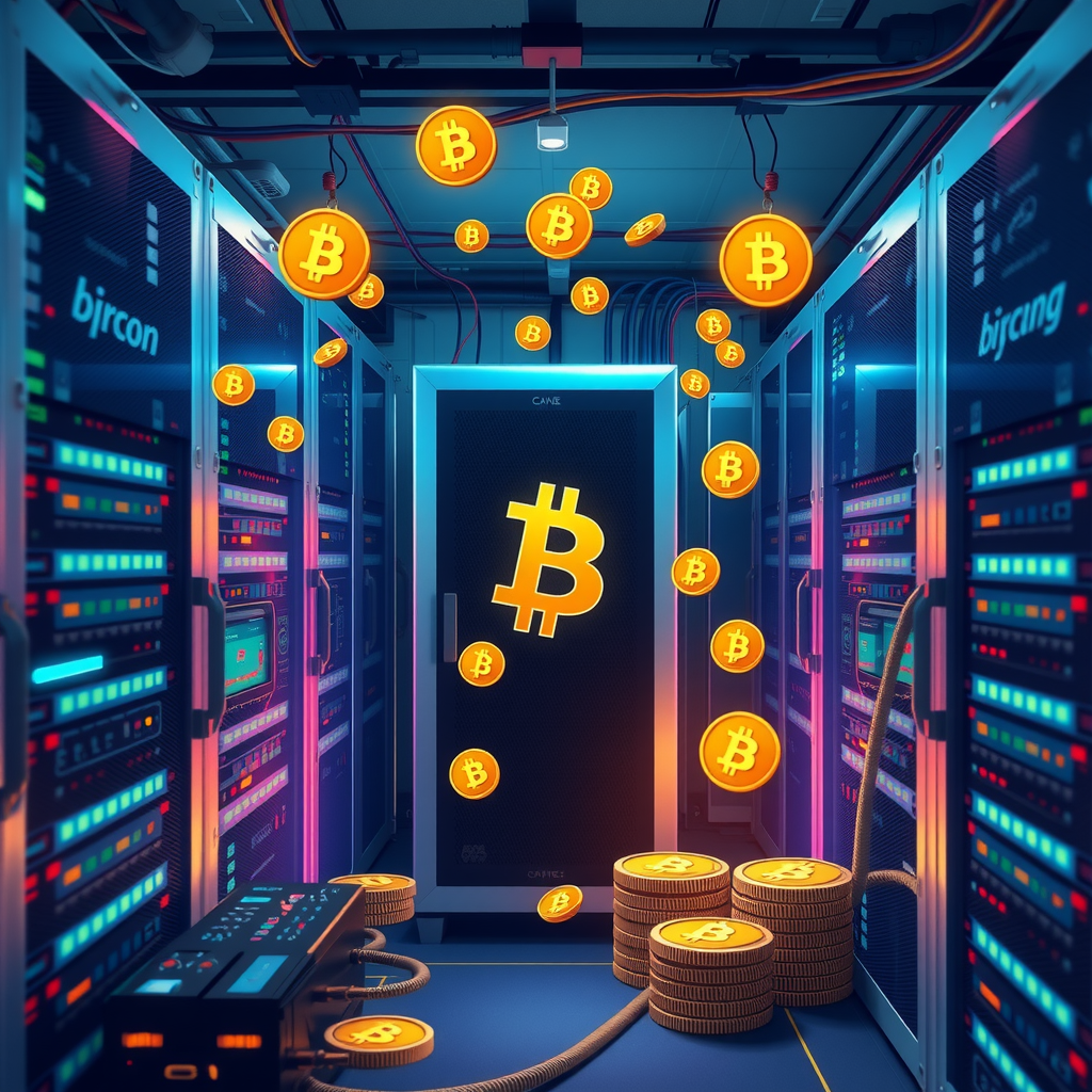 Create a image showing a crypto mining data center which is producing bitcoins or other crypto currencies