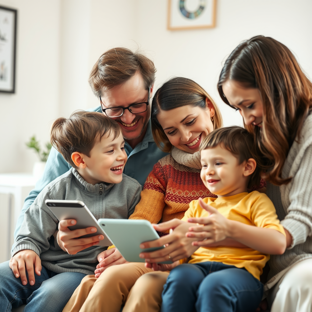 ai-generated image of a happy family engaging with a smart AI assistant, receiving helpful insights