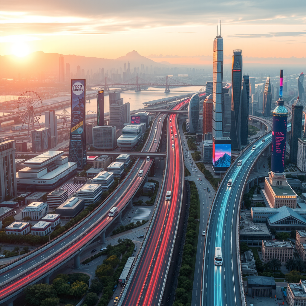 ai-generated image of a futuristic high-speed city with tech innovation hubs, symbolizing speed in development. 