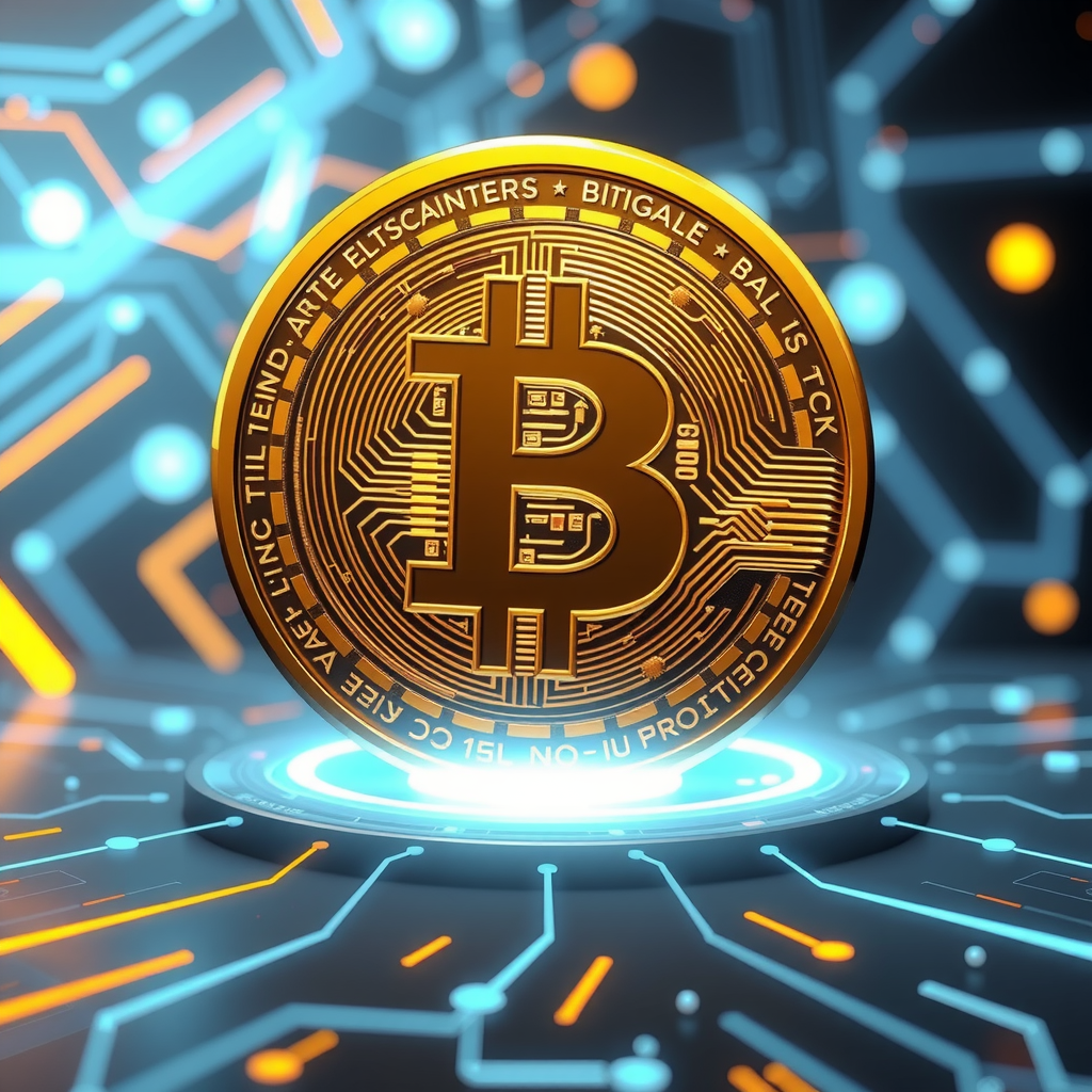 Generate a image showing a bitcoin (BTC) in a futuristic background