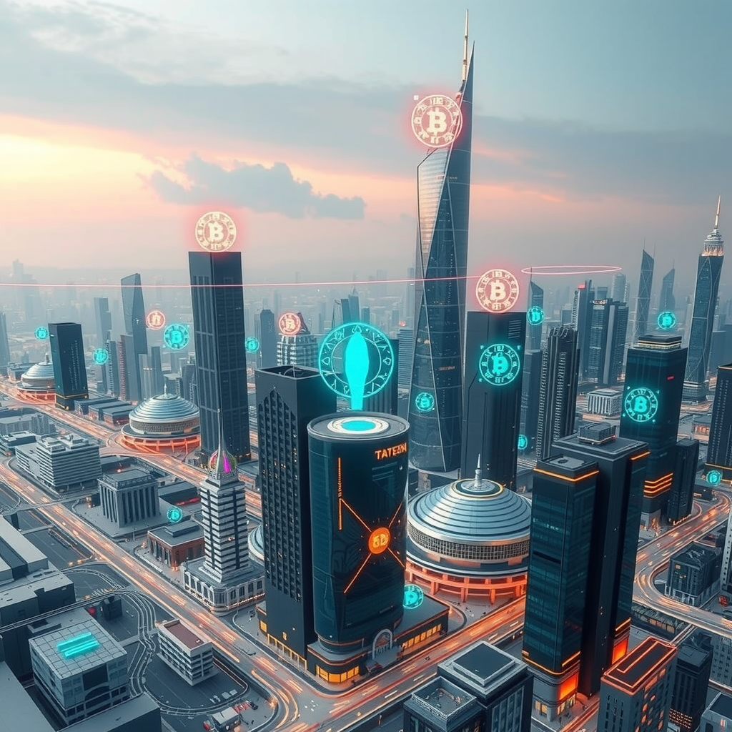 A futuristic city powered by decentralized blockchain nodes, showing a transparent system.