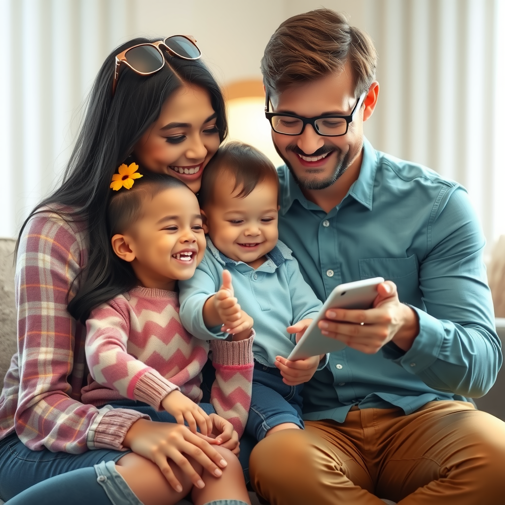 ai-generated image of a happy family engaging with a smart AI assistant, receiving helpful insights