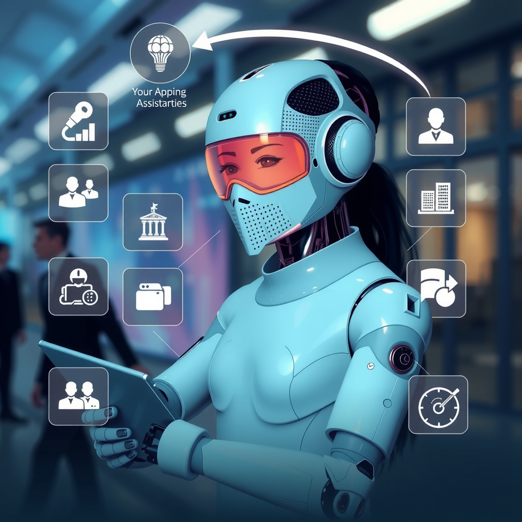 A futuristic AI assistant handling various business tasks.