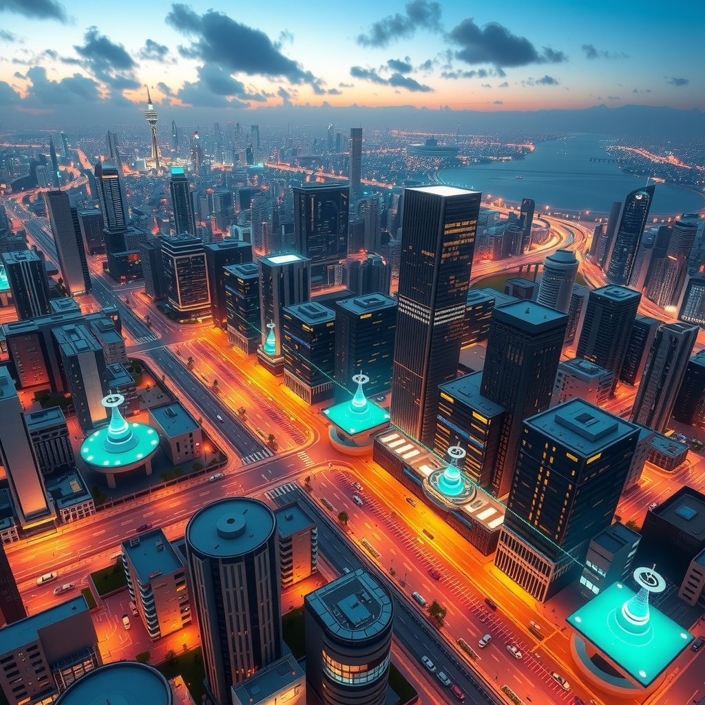 A futuristic city powered by decentralized blockchain nodes, showing a transparent system.