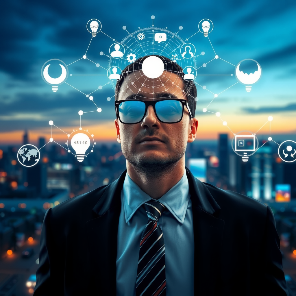 ai-generated image of a business professional facing crossroads, with tech-inspired solutions visualized around them