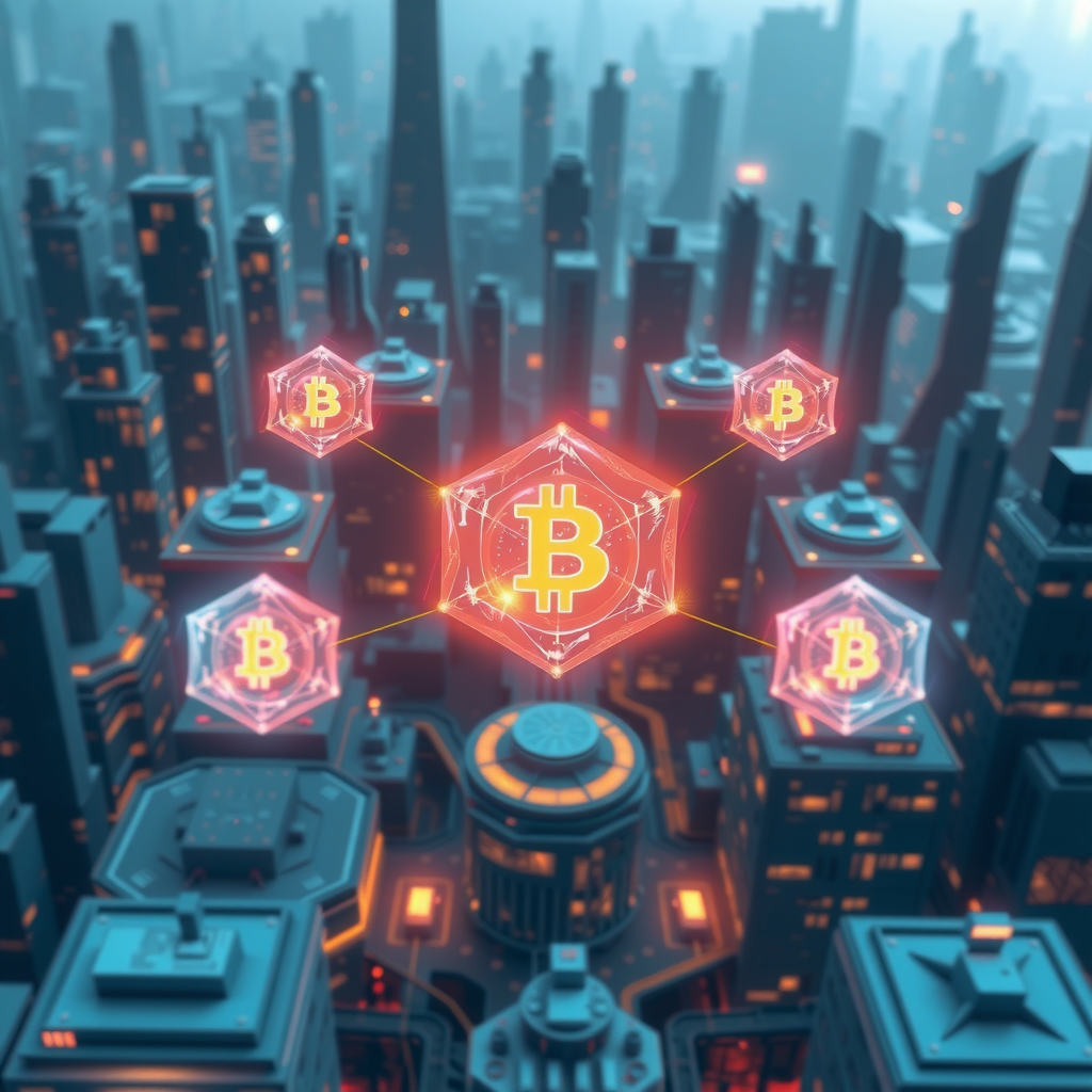 A futuristic city powered by decentralized blockchain nodes, showing a transparent system.