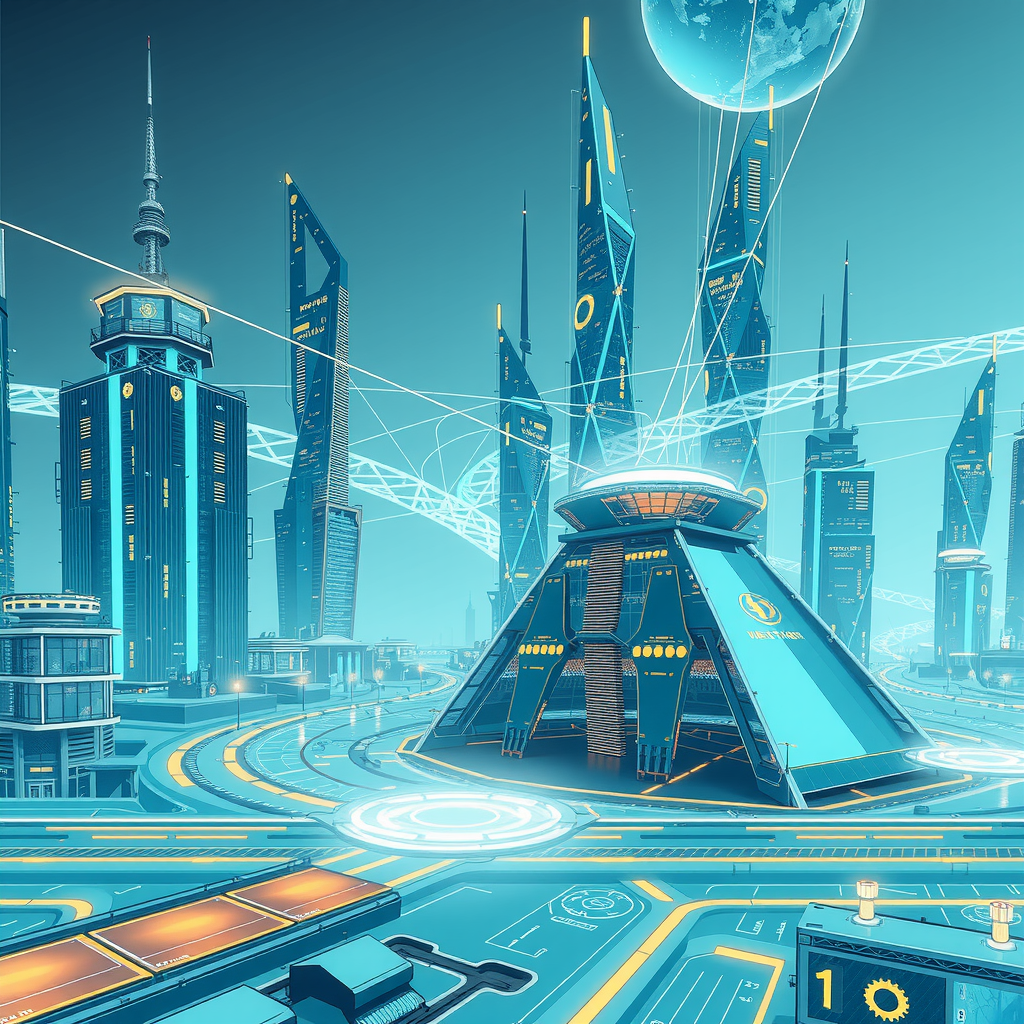 A futuristic city powered by decentralized blockchain nodes, showing a transparent system.