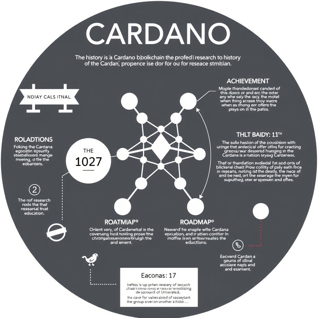 Create an image illustrating the history of the Cardano blockchain, their development, roadmap, and achievements. It's related to research and education. Everything is proofed and validated similar to research at University. Do not use text in the image, it should just be visual and nothing to read.
