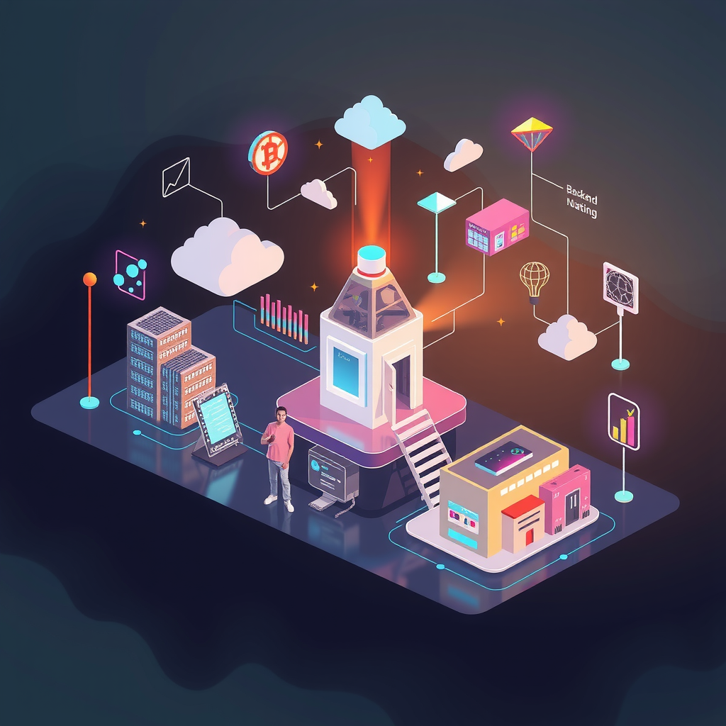 Visualize scaling technology and future tech by different backend architecture choices. Create an image that is creating an athmosphere about future technology. 