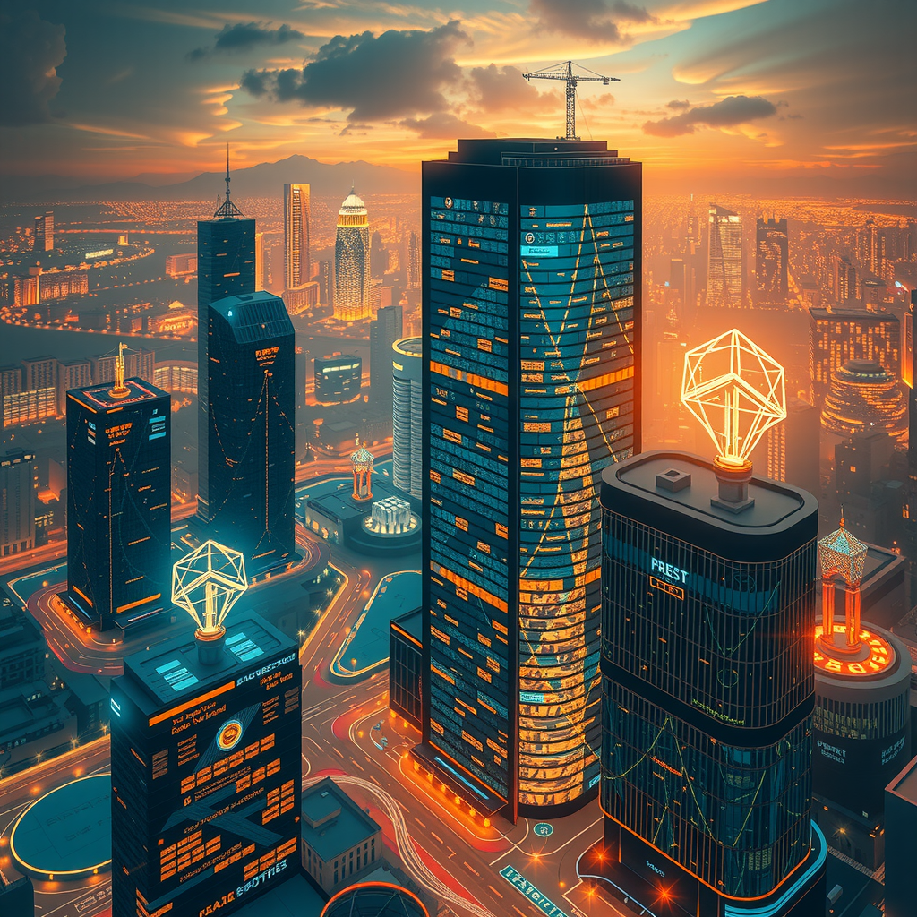 A futuristic city powered by decentralized blockchain nodes, showing a transparent system.
