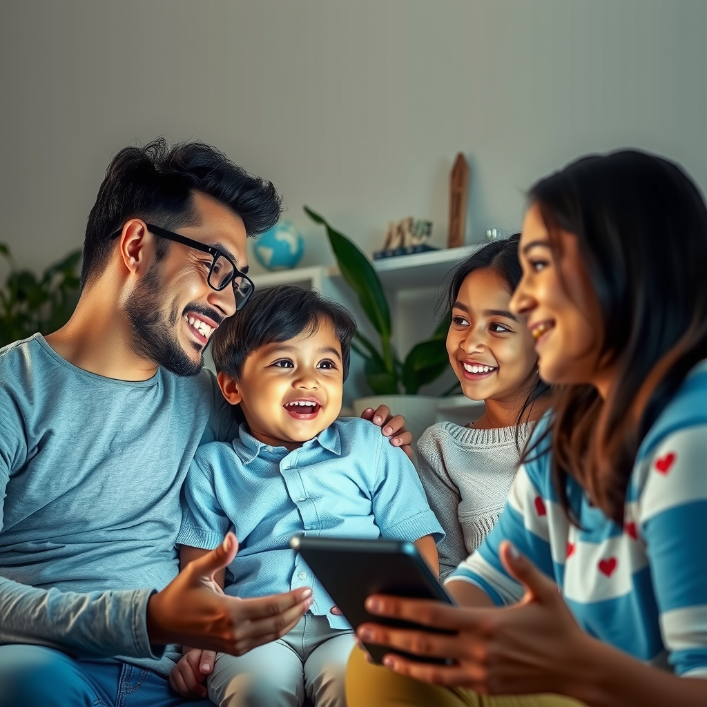 ai-generated image of a happy family engaging with a smart AI assistant, receiving helpful insights