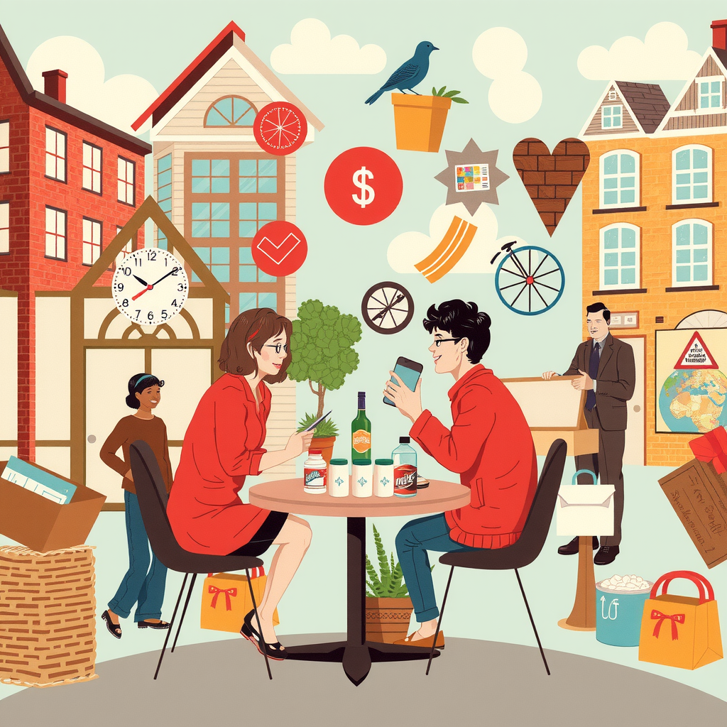 Erstelle ein bild das die shared economy illustriert. Der Begriff der Sharing Economy meint das systematische Ausleihen von Gegenständen und gegenseitige Bereitstellen von Räumen und Flächen, insbesondere durch Privatpersonen und Interessengruppen. Im Mittelpunkt steht die Collaborative Consumption, der Gemeinschaftskonsum.