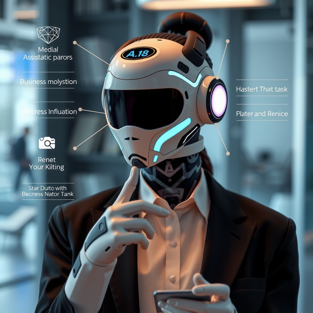 A futuristic AI assistant handling various business tasks.