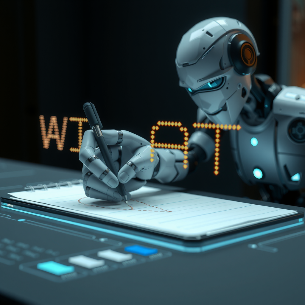 ai-generated image of an AI robot writing on a digital notepad, with words forming dynamically