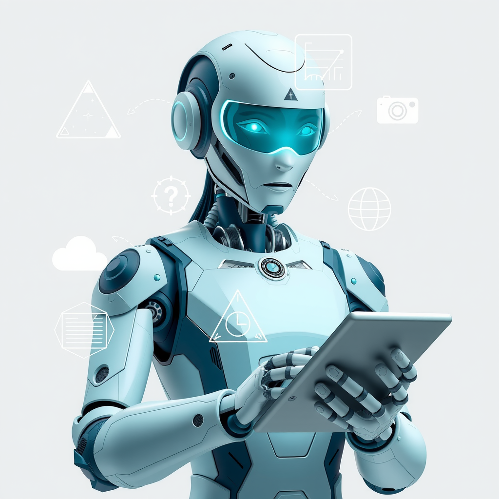 A futuristic AI assistant handling various business tasks.