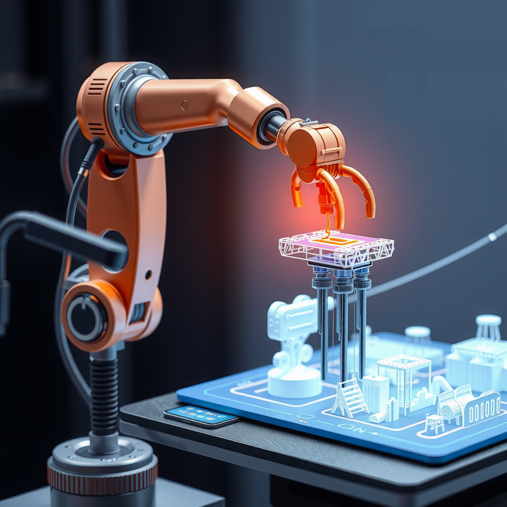 ai-generated image of a robotic arm assembling a digital prototype, representing rapid development
