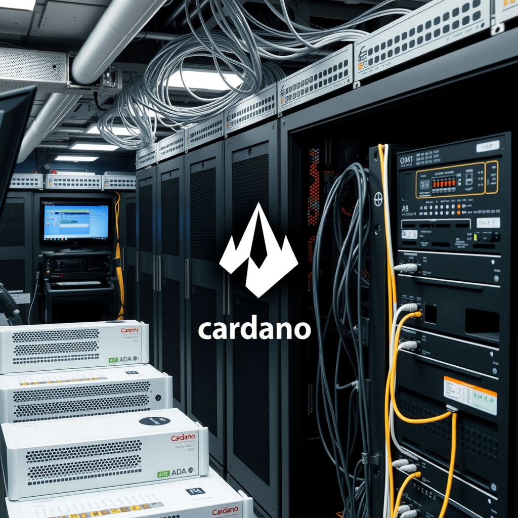 A technical environment with computers, servers, routers and cables mining crypto currencies like cardano ADA.