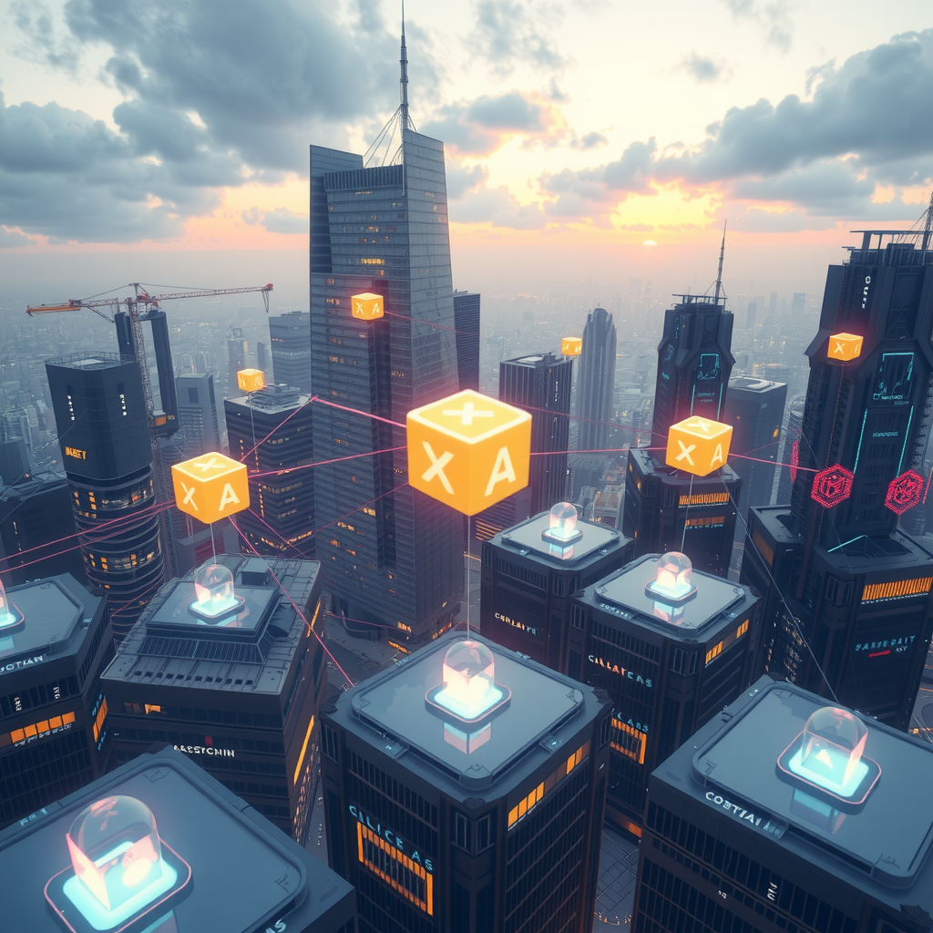 A futuristic city powered by decentralized blockchain nodes, showing a transparent system.