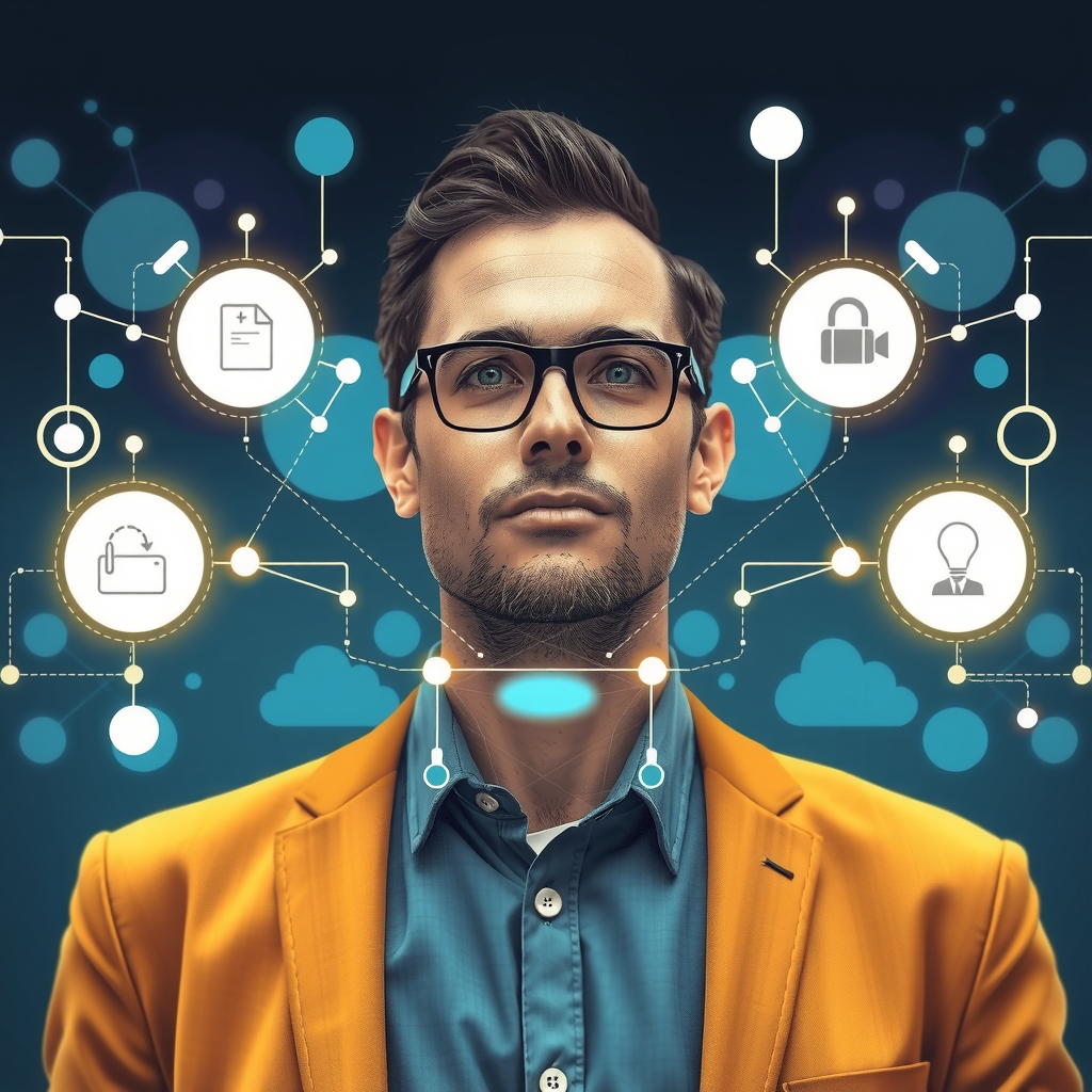 ai-generated image of a business professional facing crossroads, with tech-inspired solutions visualized around them