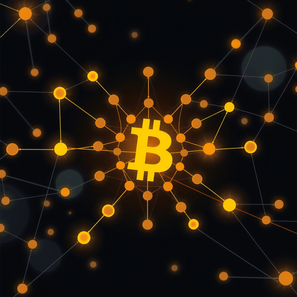 Create an image showing a blockchain in a abstract way with nodes and edges. A kind of network that is running the blockchain.