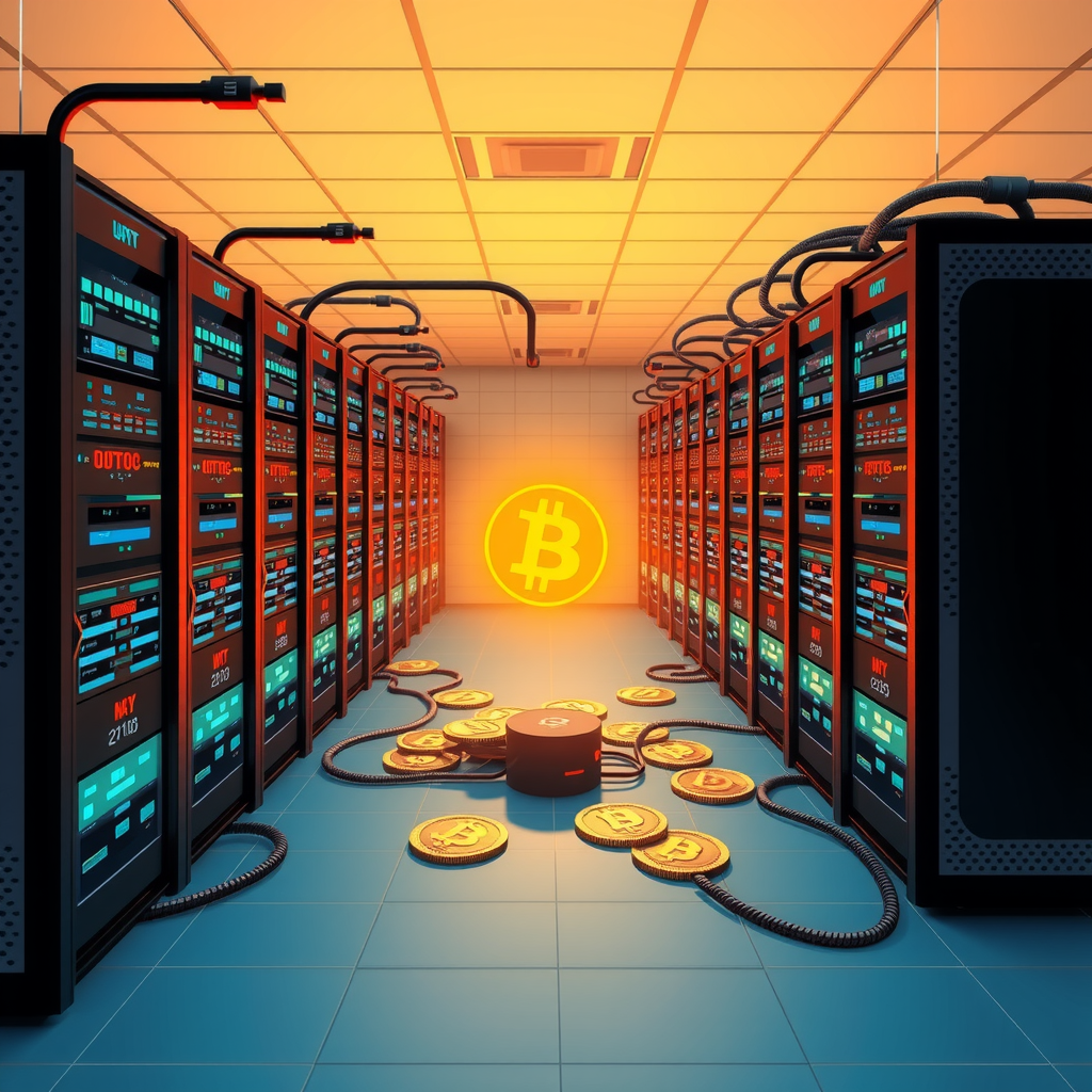 Create a image showing a crypto mining data center which is producing bitcoins or other crypto currencies