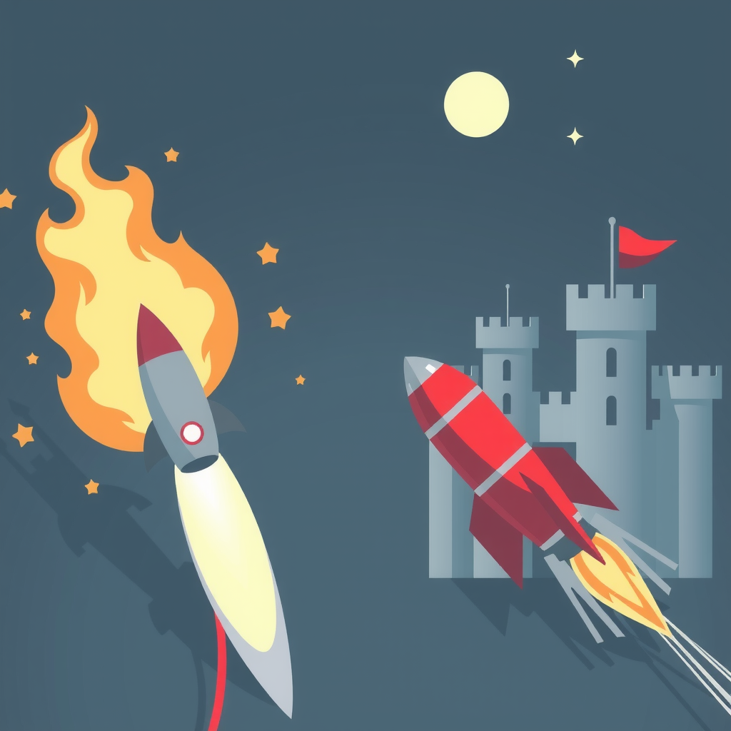 A race between a rocket (speed) and a fortified castle (stability).