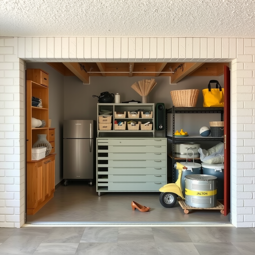 Erstelle ein Bild das zeigt wie private Lagerungsräume aussehen könnten wie z.B. ein Keller, ein Raum in einer Wohnung oder Einfamilienhaus. Es könnte auch eine Garage sein oder ein andere Ort indem man gut Sachen lagern kann.