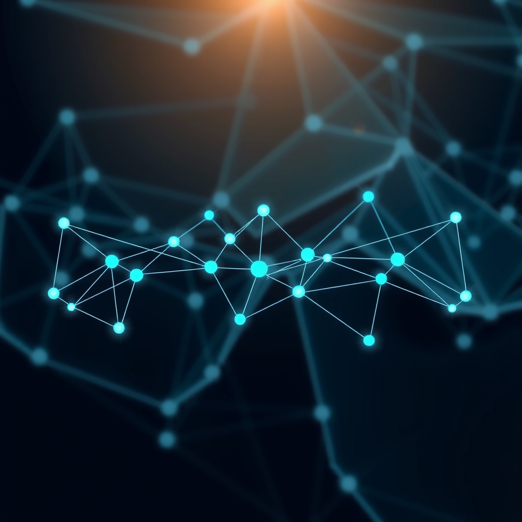 Create an image showing a blockchain in a abstract way with nodes and edges. A kind of network that is running the blockchain.