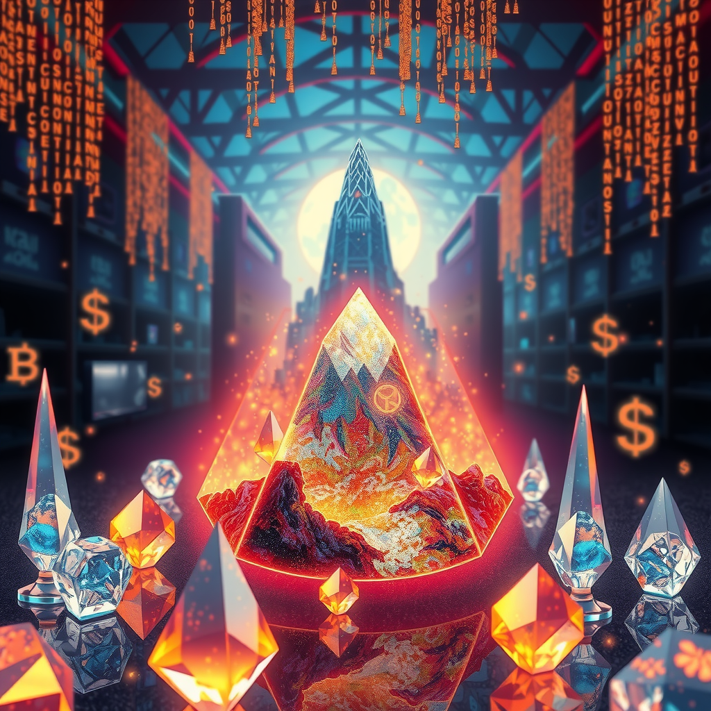 Create an image inspired by the concept of Non-Fungible Tokens or NFTs. The artwork could be a stunning landscape or complex abstract design, surrounded by the ethereal glow of blockchain code strings, hinting at the underpinning technology of NFTs. In the background, portray a digital marketplace, filled with other similar prisms, making a scene that feels futuristic and exploring the excitement and intrigue surrounding the digitized art market.