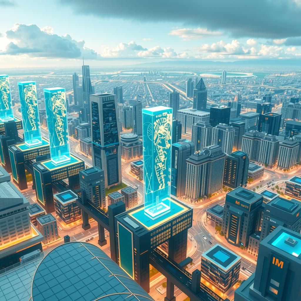 A futuristic city powered by decentralized blockchain nodes, showing a transparent system.